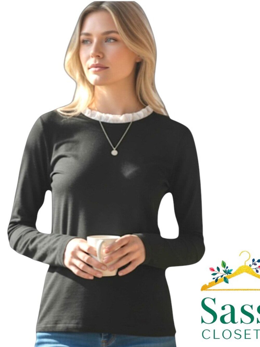 Ann Taylor Black Ruffle Trim Top Romantic Professional Workwear Size M EUC